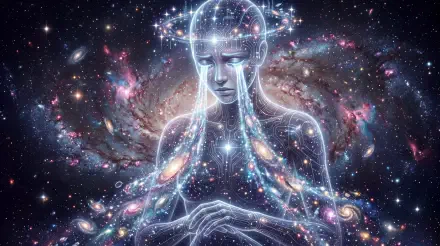 5K Ultra HD sci-fi PC desktop wallpaper of a translucent cosmic woman bowed in sorrow, glowing circuitry and galaxies streaming from her tear-filled eyes.