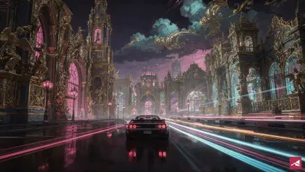 Outrun 4K Ultra HD PC desktop wallpaper and background — rear view of a sports car racing down a wet, neon pink-blue boulevard through a glowing, ornate futuristic city.
