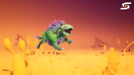 4K Ultra HD PC desktop wallpaper: a vibrant green, flower-topped creature bounding across an orange alien plain — Starseeker: Astroneer Expeditions video game.