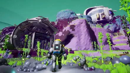 Video game wallpaper: Starseeker: Astroneer Expeditions — an astronaut walks toward domed outposts amid purple hills and neon vegetation. 2K Quad HD PC desktop wallpaper and background.