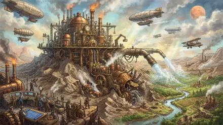 5K Ultra HD PC desktop wallpaper background: steampunk terraforming complex on a rocky plateau with giant pipes pumping water, airships overhead, machines reshaping a valley toward a green river.