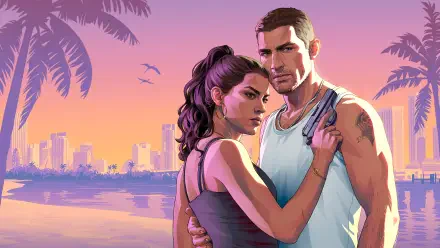 Grand Theft Auto VI 4K desktop wallpaper: video game art of Lucia Caminos and Jason Duval embracing on a sunset beach with palm trees and a neon city skyline.