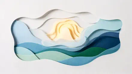 4K Ultra HD PC desktop wallpaper: layered paper-cut seascape of teal and blue waves with a warm golden sun, radiating peaceful energy.