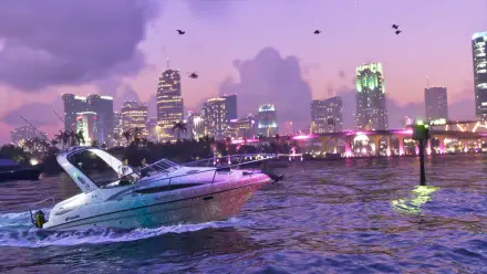 Video game Grand Theft Auto VI 4K Ultra HD PC wallpaper: speedboat cruising across a neon-lit harbor toward a pastel city skyline at dusk with bridge, birds, and reflective water.
