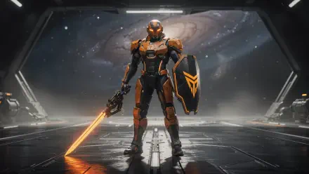Space knight in orange-black armor wields a glowing energy sword and shield before a spiral galaxy — 4K Ultra HD PC desktop wallpaper/background.
