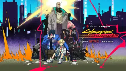 Anime, Cyberpunk: Edgerunners, Cyberpunk: Edgerunners 2 — HD PC desktop wallpaper showing five characters posed in a neon-lit cyberpunk cityscape with the series logo and Netflix Fall 2026 banner.