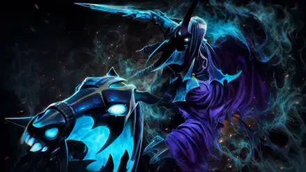 4K Ultra HD PC desktop wallpaper and background of Abaddon (DotA 2): spectral armored knight with glowing blue helm riding a ghostly steed through dark, swirling mist.
