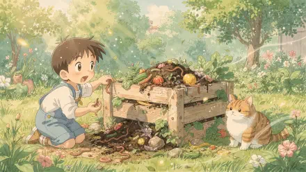 4K Ultra HD PC desktop wallpaper and background depicting a child and cat beside a wooden compost bin in a sunlit garden, worms and vegetable scraps.