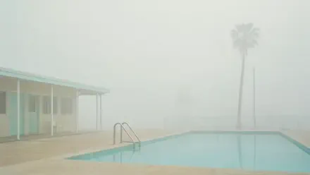 4K Ultra HD PC desktop wallpaper — foggy outdoor pool with ladder, pastel low building and lone palm tree, muted tones and minimalist, tranquil mood.