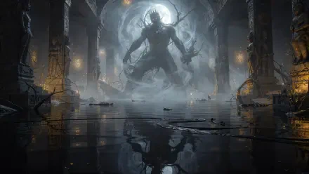 Forgotten god looms in a ruined cathedral, silhouetted against a pale moon with flooded floor reflections — dramatic 4K Ultra HD PC Desktop Wallpaper and Background.