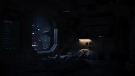 sleepcore 4K Ultra HD PC desktop wallpaper and background: dim spaceship berth with rumpled bed, warm bedside lamp, and neon city skyline beyond a round window.
