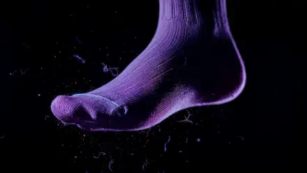 Close-up of a purple socked foot floating against a black backdrop, illuminated textile fibers and lint; 4K Ultra HD PC Desktop Wallpaper and Background.