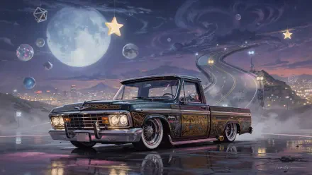 4K Ultra HD PC Desktop Wallpaper and Background showing a lowrider truck on wet pavement beneath a surreal night sky with a large moon, stars, and a winding elevated road.