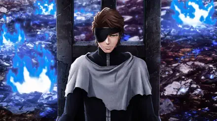 5K Ultra HD wallpaper of Sōsuke Aizen from Bleach: Thousand-Year Blood War, eyepatch-clad figure in dark cloak amid blue aura flames, anime PC desktop background evoking aura farming.
