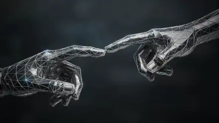 4K Ultra HD PC desktop wallpaper showing two polygonal wireframe hands reaching toward each other, evoking human touch and digital connection.
