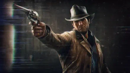 Arthur Morgan aiming a revolver at the viewer in a gritty, cinematic pose — 4K Ultra HD PC desktop wallpaper/background with moody lighting and Western attire.