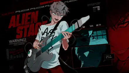 Grinning anime guitarist playing a teal electric guitar against a dark red Alien Stage concert backdrop — energetic 4K Ultra HD PC desktop wallpaper and background.