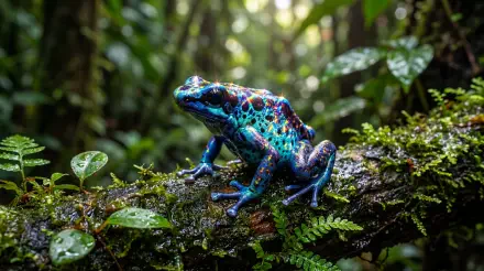 Vibrant poison dart frog perched on a wet mossy log in a lush rainforest — high-detail 5K Ultra HD PC desktop wallpaper and background.