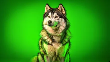 Majestic malamute against a vivid green backdrop, rendered as a 4K Ultra HD PC desktop wallpaper/background.