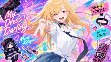 4K Ultra HD PC desktop wallpaper/background of Marin Kitagawa from My Dress-Up Darling, grinning and reaching out amid neon pastel hearts, ribbons and cosplay props.
