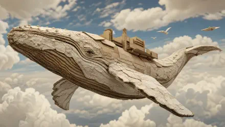 4K Ultra HD PC Desktop Wallpaper and Background of a carved wooden flying whale soaring through cloudy skies with seagulls and a small deck-like structure on its back.