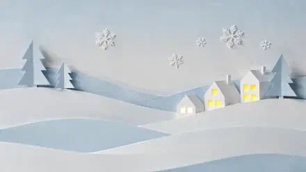 Aesthetic winter 4K Ultra HD PC desktop wallpaper: minimalist paper-cut snowy hills, stylized pine trees, three glowing houses and floating snowflakes under a pale sky.