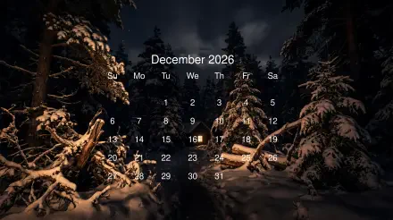 December 2026 calendar over a snow-covered nighttime pine forest with glowing cabin lights, 5K Ultra HD PC desktop wallpaper and background.