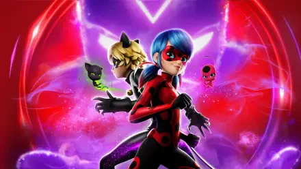 4K Ultra HD PC desktop wallpaper of Miraculous Ladybug: Ladybug and Cat Noir back-to-back with glowing heart and floating kwamis on a purple-red cosmic backdrop.