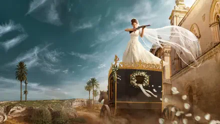 Enola Holmes 3 4K Ultra HD PC desktop wallpaper: woman in flowing white gown and veil stands on an ornate carriage amid desert palaces under a dramatic sky.