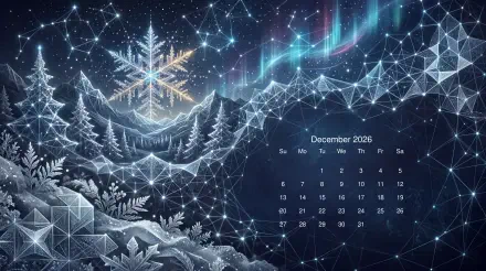 December 2026 calendar on a 5K Ultra HD PC desktop wallpaper and background: low‑poly snowy forest, large glowing snowflake, aurora borealis and constellation-style network.