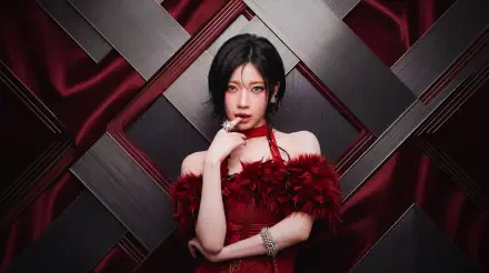 5K desktop wallpaper: Japanese model styled as a k-pop idol with BABYMONSTER-inspired vibe, red feathered dress against a geometric dark backdrop, Ada Wong flair.