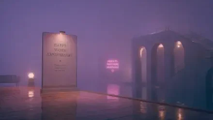 4K Ultra HD PC desktop wallpaper: moody purple-pink fog over a wet rooftop, glowing Happy Work Anniversary billboard beside an arched building with neon reflections.