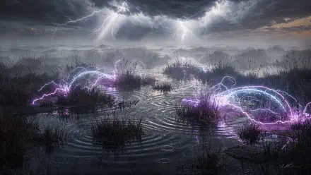 4K Ultra HD PC desktop wallpaper/background: brooding marsh under storm clouds, lightning forks and purple electric arcs crackling across dark reflective water.