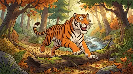5K Ultra HD PC desktop wallpaper of a bold Siberian tiger bounding over a mossy log in a sunlit autumn forest beside a winding stream.