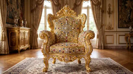 Bedazzled, jewel-encrusted golden throne in an ornate Baroque parlor, rendered as a 5K Ultra HD PC desktop wallpaper and background.