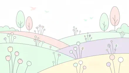 Minimal pastel spring landscape with rolling hills, tulips, delicate trees and birds — 4K Ultra HD PC desktop wallpaper and background.