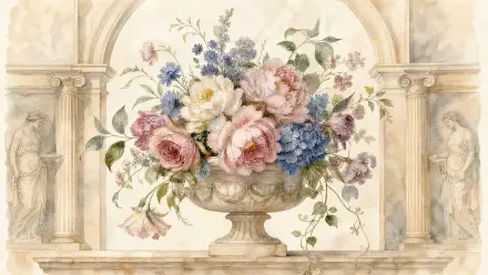 Watercolor floral bouquet in an ornate urn framed by classical arches — 4K Ultra HD PC desktop wallpaper background