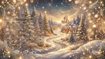 December 2026 calendar on a 5K Ultra HD PC desktop wallpaper: snowy, glowing village and distant castle at dusk with a winding river, pine trees and twinkling festive lights.