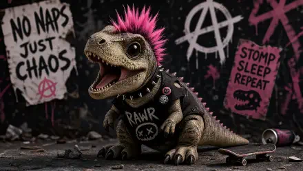 4K Ultra HD PC desktop wallpaper: baby dinosaur with a pink mohawk and punk leather vest, snarling in a gritty graffiti-covered alley with anarchist posters reading No naps just chaos.