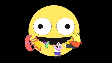 Smiling Friends 4K Ultra HD PC wallpaper: giant yellow smiley face on a black background with four colorful cartoon characters hanging from its wide grin.