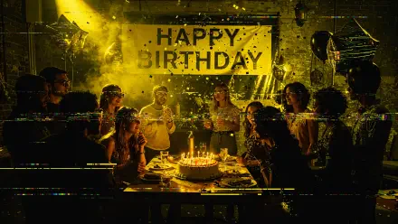 Birthday party scene: friends gathered around a lit cake beneath a Happy Birthday banner, golden confetti and moody lighting — 4K Ultra HD PC desktop wallpaper and background.