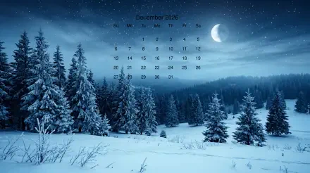Moonlit snowy pine forest with December 2026 calendar overlay, 5K Ultra HD PC desktop wallpaper and background.