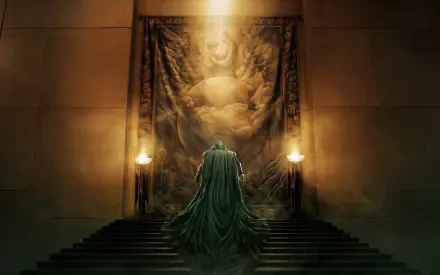 4K Ultra HD PC wallpaper: Doctor Doom in a green cloak ascends dark steps toward a glowing tapestry in a candlelit throne hall — Avengers: Doomsday movie scene.
