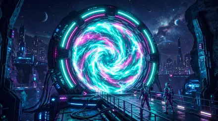 5K Ultra HD PC desktop wallpaper: neon teal and magenta swirling sci‑fi portal framed by a futuristic cityscape, two figures on a wet metal walkway beneath a starry sky.