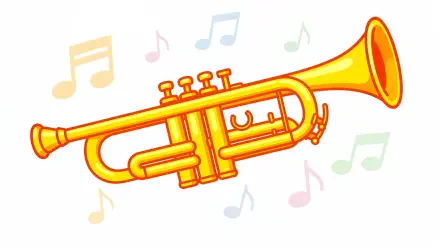 Vibrant cartoon trumpet with floating music notes; 4K Ultra HD PC desktop wallpaper and background.