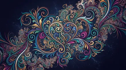 5K Ultra HD PC desktop wallpaper/background: colorful vector flourish of ornate swirling floral paisley vines on a dark textured background.
