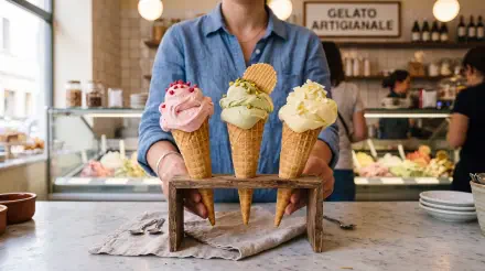 5K Ultra HD PC desktop wallpaper and background: three colorful gelato cones in a wooden holder held by a server at an artisanal gelato counter.