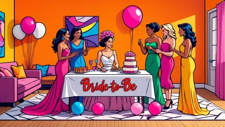 5K Ultra HD PC Desktop Wallpaper and Background of a vibrant bridal shower: bride at a Bride-to-Be cake table surrounded by bridesmaids, balloons and bright party decor.