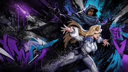Marvel Rivals video game 4K Ultra HD PC desktop wallpaper: cloaked dark figure and armored blonde heroine launch forward amid graffiti-style purple and teal energy bursts.