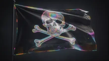 Holographic skull-and-crossbones pirate flag waving against a dark backdrop — 4K Ultra HD PC desktop wallpaper/background.